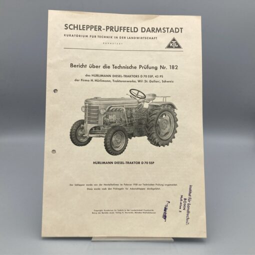 KTL Schlepper-PRÜFFELD DARMSTADT Prüfbericht HÜRLIMANN Traktor D70SSP