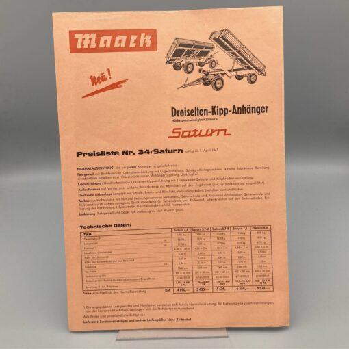 MAACK Prospekt/Preisliste Dreiseiten-Kipp-Anhänger "SATURN"