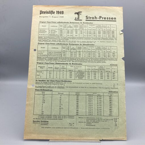 CLAAS Prospekt Stroh-Pressen Preisliste 1949